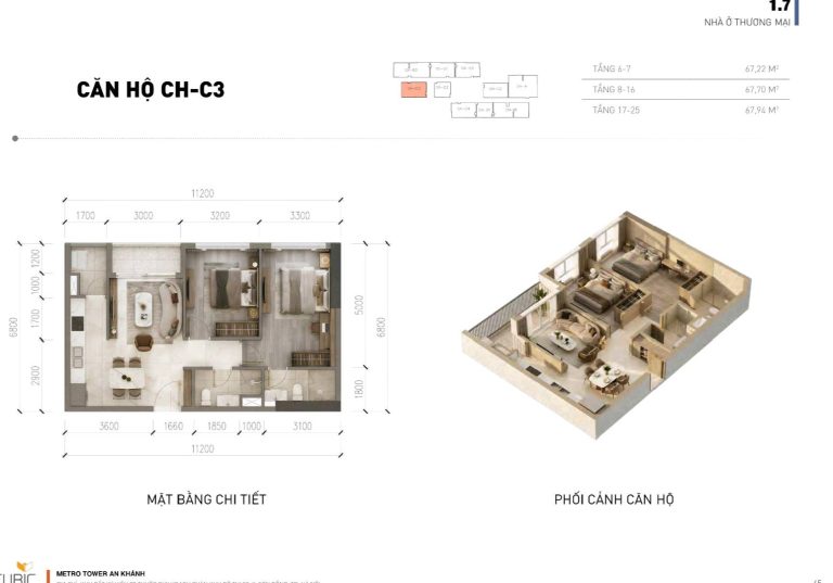 Mặt bằng căn hộ mẫu C3 Metro Tower An Khánh