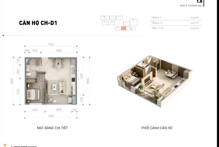 Mặt bằng căn hộ mẫu D1 Metro Tower An Khánh
