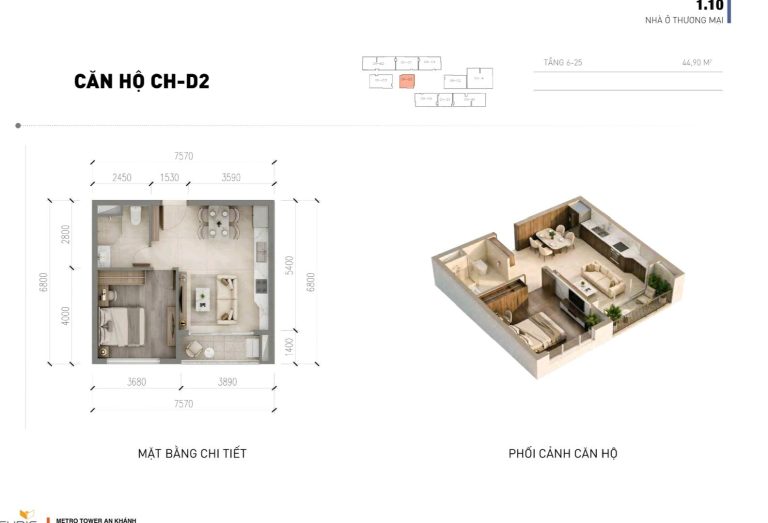 Mặt bằng căn hộ mẫu D2 Metro Tower An Khánh